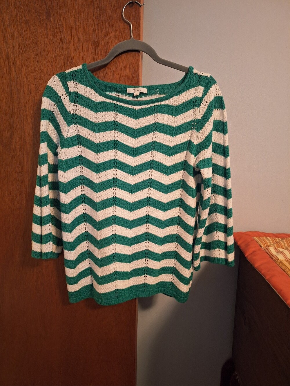 89th And Madison Striped Green and White Women's Knit Sweater 3/4 Sleeves Size M